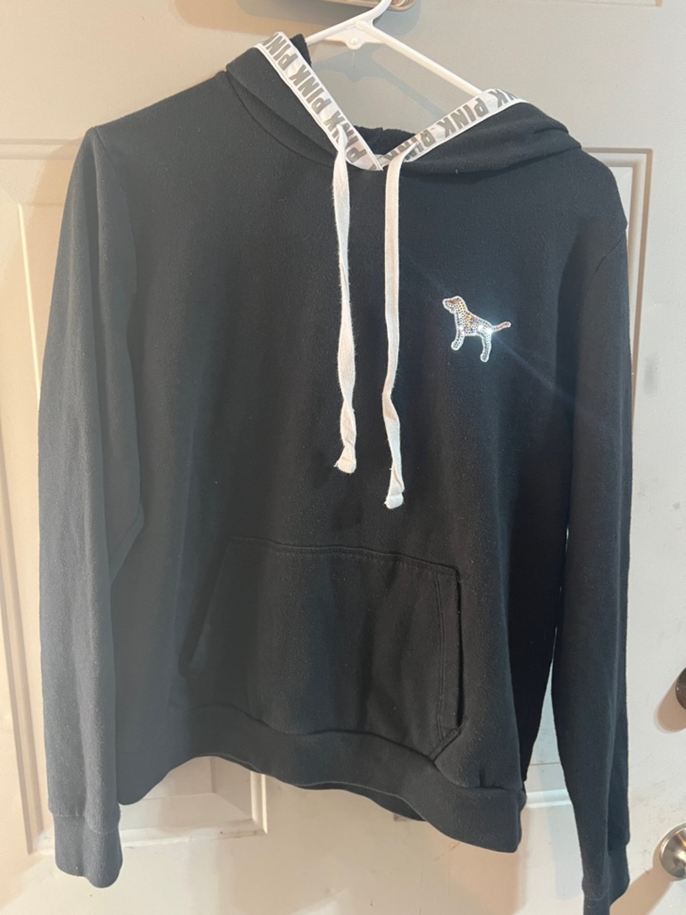 PINK Black Hoodie with White Drawstrings and Dog Patch